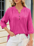 Solid V-Neck Button T-Shirt ??Loose Fit Casual Top