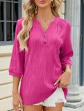 Solid V-Neck Button T-Shirt ??Loose Fit Casual Top