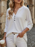 Solid V-Neck Button T-Shirt ??Loose Fit Casual Top
