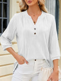 Solid V-Neck Button T-Shirt ??Loose Fit Casual Top