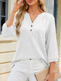 Solid V-Neck Button T-Shirt ??Loose Fit Casual Top
