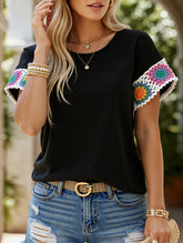 Embroidered Polka Dot Top ??Women's Casual Round Neck Short Sleeve Blouse