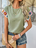 Embroidered Polka Dot Top ??Women's Casual Round Neck Short Sleeve Blouse