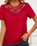 Romantic Lace Patchwork Crew Neck Shirt ??Lightweight Top for Women