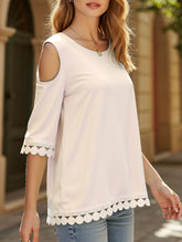 Romantic Lace Chiffon Off-Shoulder Blouse ??Loose Fit Round Neck Top