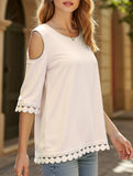 Romantic Lace Chiffon Off-Shoulder Blouse ??Loose Fit Round Neck Top