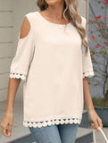 Romantic Lace Chiffon Off-Shoulder Blouse ??Loose Fit Round Neck Top