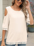 Romantic Lace Chiffon Off-Shoulder Blouse ??Loose Fit Round Neck Top