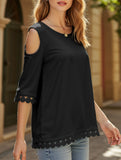 Romantic Lace Chiffon Off-Shoulder Blouse ??Loose Fit Round Neck Top
