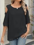 Romantic Lace Chiffon Off-Shoulder Blouse ??Loose Fit Round Neck Top