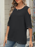 Romantic Lace Chiffon Off-Shoulder Blouse ??Loose Fit Round Neck Top