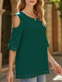 Romantic Lace Chiffon Off-Shoulder Blouse ??Loose Fit Round Neck Top