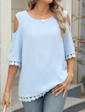 Romantic Lace Chiffon Off-Shoulder Blouse ??Loose Fit Round Neck Top