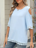Romantic Lace Chiffon Off-Shoulder Blouse ??Loose Fit Round Neck Top