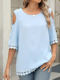 Romantic Lace Chiffon Off-Shoulder Blouse ??Loose Fit Round Neck Top