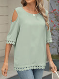 Romantic Lace Chiffon Off-Shoulder Blouse ??Loose Fit Round Neck Top