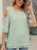 Romantic Lace Chiffon Off-Shoulder Blouse ??Loose Fit Round Neck Top