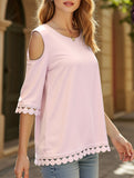 Romantic Lace Chiffon Off-Shoulder Blouse ??Loose Fit Round Neck Top