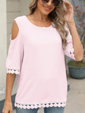 Romantic Lace Chiffon Off-Shoulder Blouse ??Loose Fit Round Neck Top