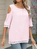 Romantic Lace Chiffon Off-Shoulder Blouse ??Loose Fit Round Neck Top