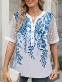 Summer Chiffon Blouse for Women ??V-Neck Lace Sleeve Printed Top