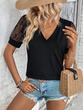 Simple V-Neck Lace Patchwork Loose T-Shirt ??Elegant Casual Top for Women