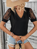 Simple V-Neck Lace Patchwork Loose T-Shirt ??Elegant Casual Top for Women