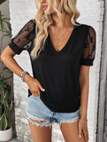 Simple V-Neck Lace Patchwork Loose T-Shirt ??Elegant Casual Top for Women