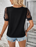 Simple V-Neck Lace Patchwork Loose T-Shirt ??Elegant Casual Top for Women