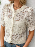 Lace Short Sleeve Button-Up Shirt ??Casual & Lightweight, S?“XL