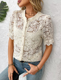 Lace Short Sleeve Button-Up Shirt ??Casual & Lightweight, S?“XL