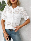 Lace Short Sleeve Button-Up Shirt ??Casual & Lightweight, S?“XL