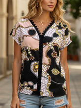 Casual V Neck Printed Short Sleeve Shirt with Loose Fit
