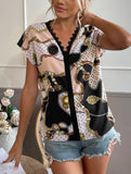 Casual V Neck Printed Short Sleeve Shirt with Loose Fit