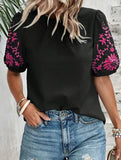 Embroidered Puff Sleeve Pullover Top ??Round Neck, Relaxed Fit, S??XL