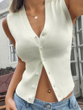 Solid color button-down vest knit sweater for women