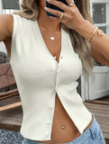 Solid color button-down vest knit sweater for women