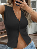 Solid color button-down vest knit sweater for women