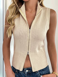 Zippered sleeveless slim-fit knit cardigan top