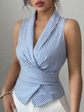 Stripe Sleeveless Tie Waist Shirt Top