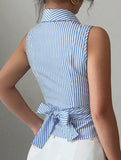 Stripe Sleeveless Tie Waist Shirt Top