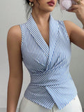 Stripe Sleeveless Tie Waist Shirt Top