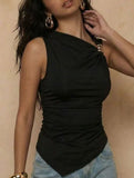 Metal Buckle Ruched Slim Sleeveless Top