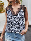 Leopard Print Lace-Trim V-Neck Sleeveless Top ??Sexy Summer Camisole for Women