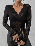 Floral Lace Long Sleeve Slim Fit Base Top_CWTTL01107
