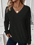 V-Neck Knit Long Sleeve Solid Color Top_CWTTL01110