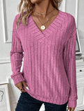 V-Neck Knit Long Sleeve Solid Color Top_CWTTL01110