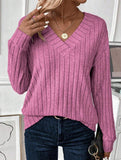 V-Neck Knit Long Sleeve Solid Color Top_CWTTL01110