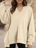 Color Stripe V-Neck Loose Sweatshirt for Women_CWTTL01111