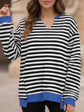 Color Stripe V-Neck Loose Sweatshirt for Women_CWTTL01111